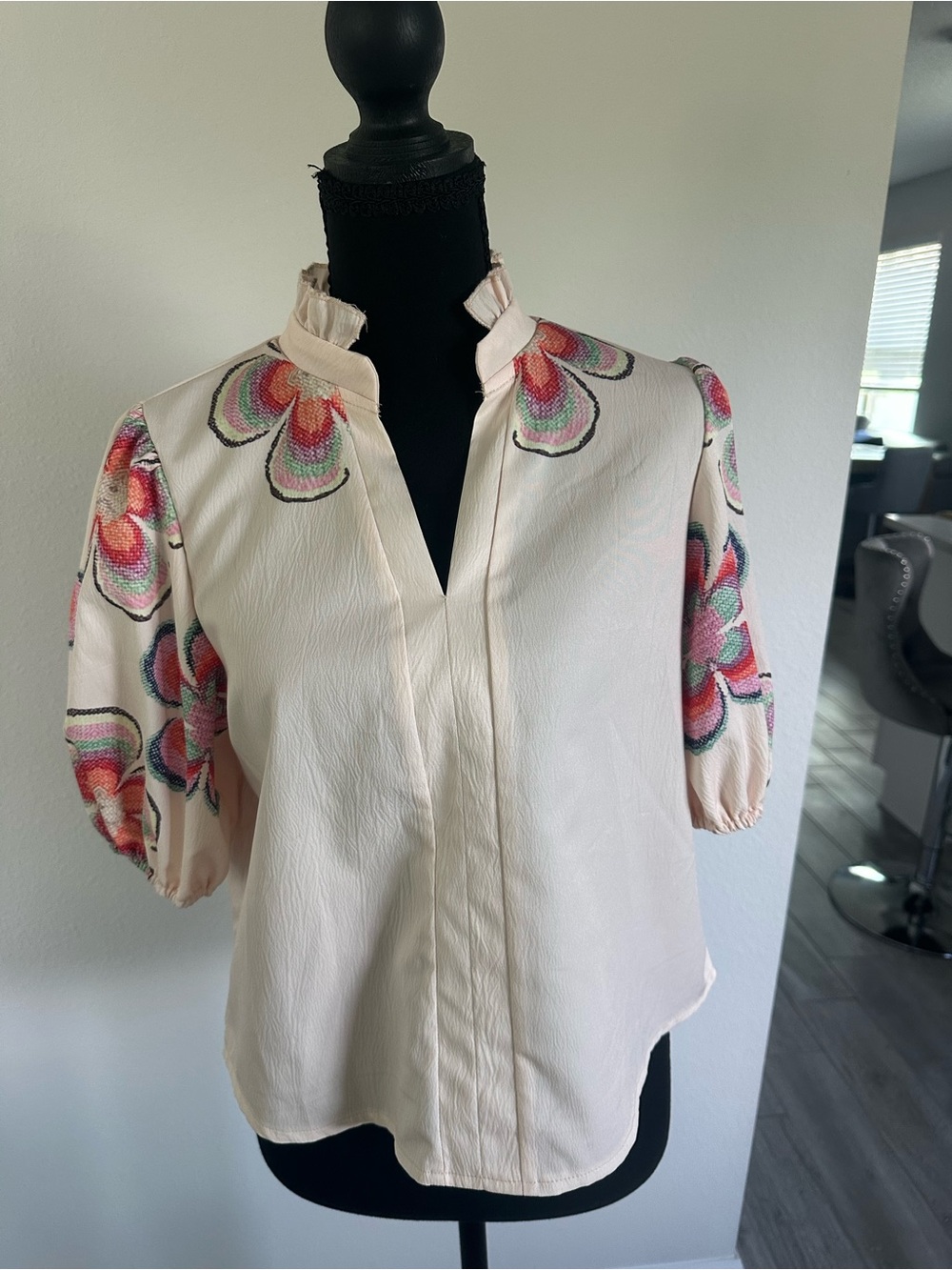 SHEIN Cream Blouse with Pink Floral Embroidery